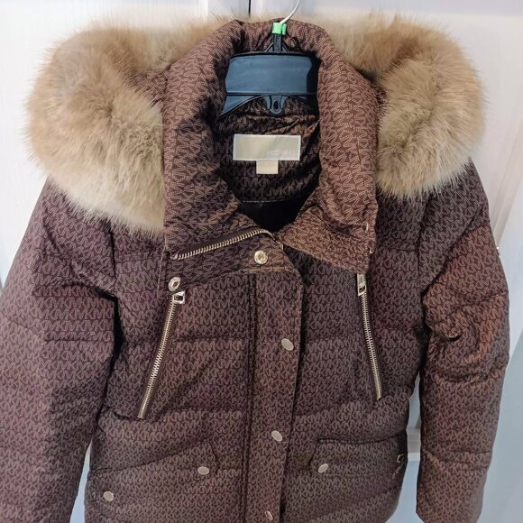 Michael Kors All Over Down Jacket Mint Brown Faux Fur Hood - Picture 2 of 8